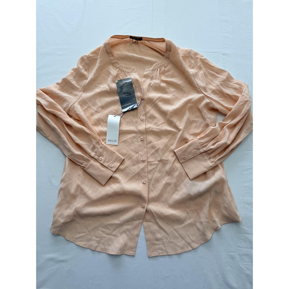 Basler Blouse Womens 12 Pink Silk Button Long Sleeve Scoop Neck Cosy Luxury